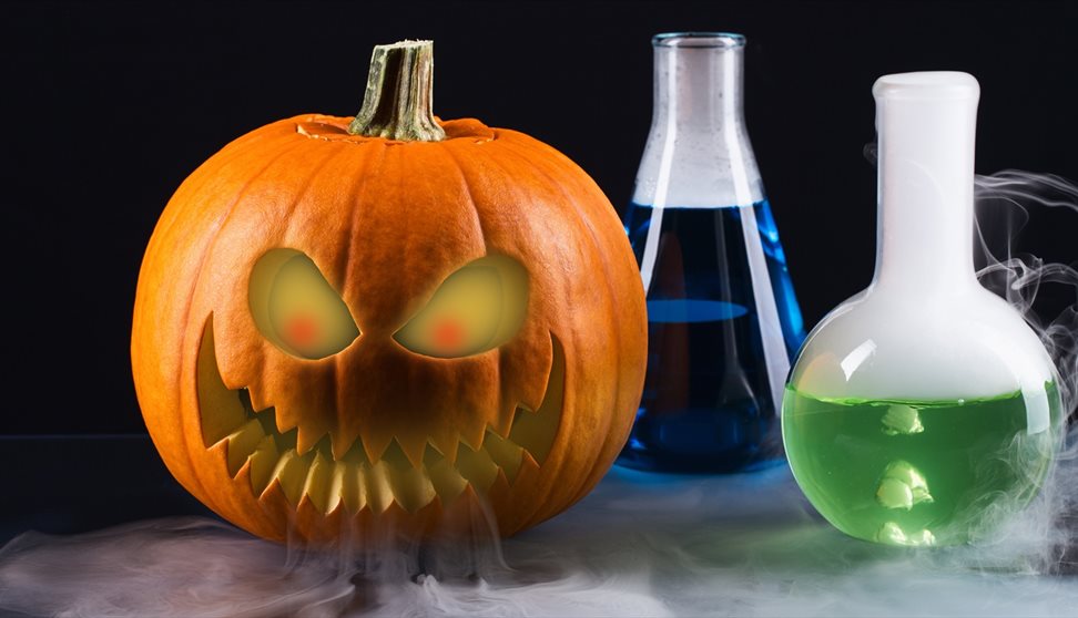 Halloween pumpkin and vials on a table